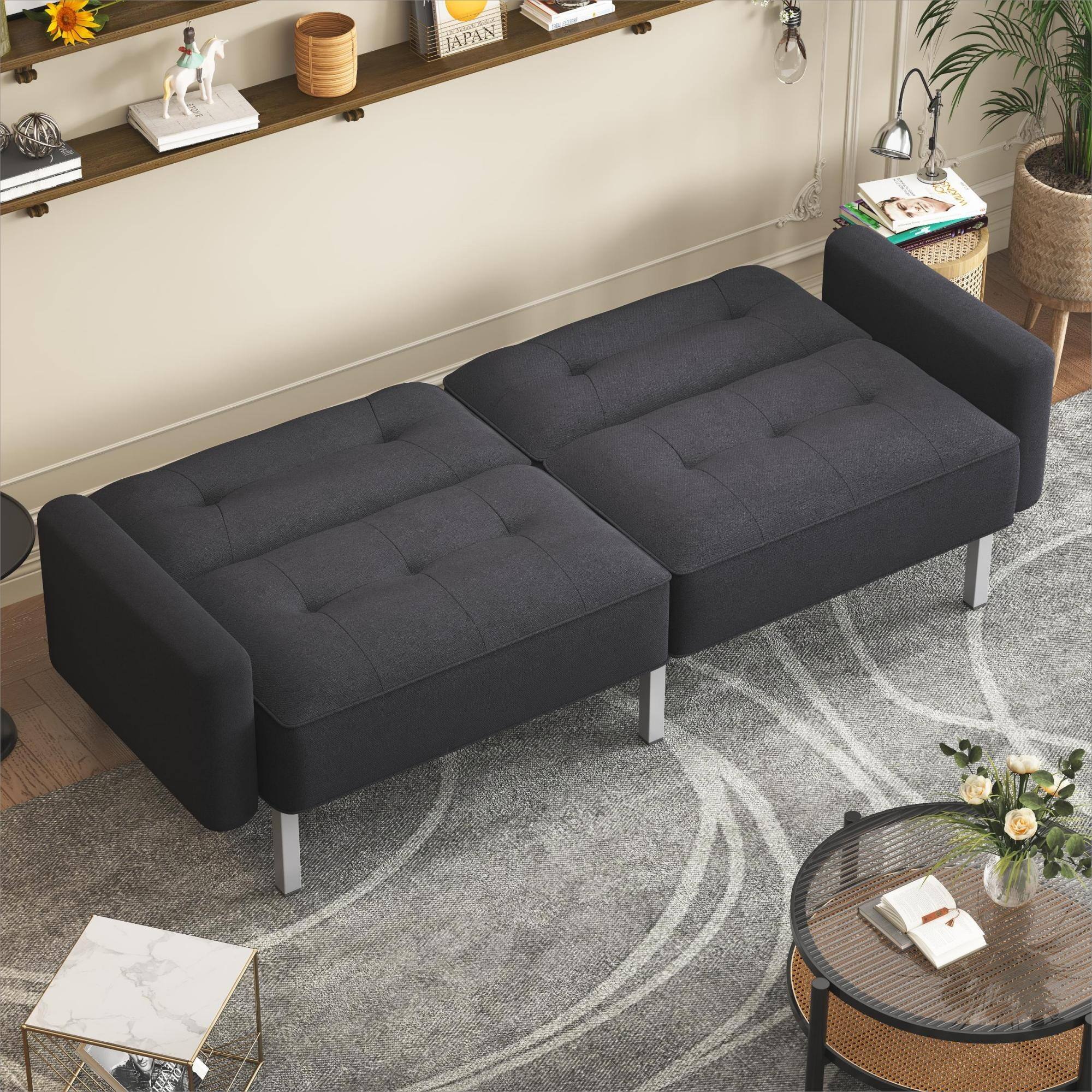 74" Black Linen Upholstered Folding Futon Sleeper Sofa Bed w/ Pillows